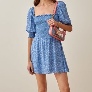 Reformation Elle Shirred Minidress in Suzette Blue Floral Size 6